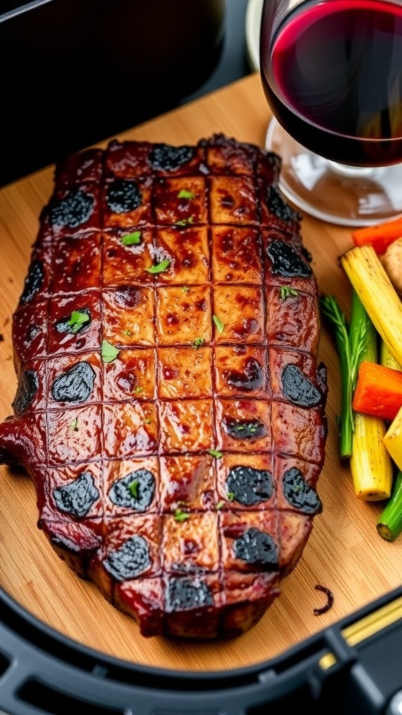 Juicy Air Fryer Ribeye Steak Recipe Juicy ribeye steak cooked in an air fryer, garnished with herbs, served with roasted vegetables.